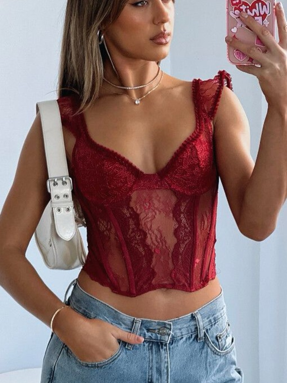 White Fox Boutique Women's Red Lace Bustier Top M